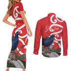 Personalized New Zealand Pukeko Christmas Couples Matching Short Sleeve Bodycon Dress and Long Sleeve Button Shirt Meri Kirihimete Taniko Ponga Koru Red - Aussie Hoodie