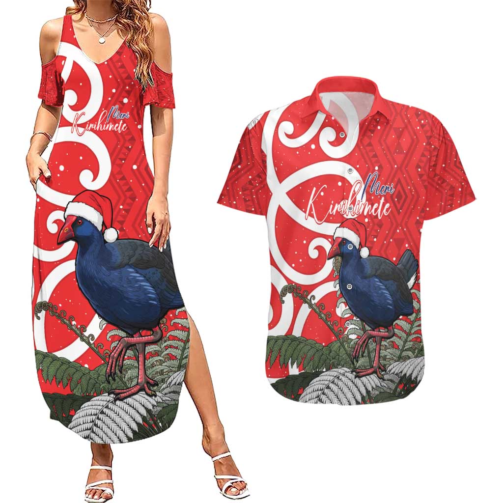 Personalized New Zealand Pukeko Christmas Couples Matching Summer Maxi Dress and Hawaiian Shirt Meri Kirihimete Taniko Ponga Koru Red - Aussie Hoodie