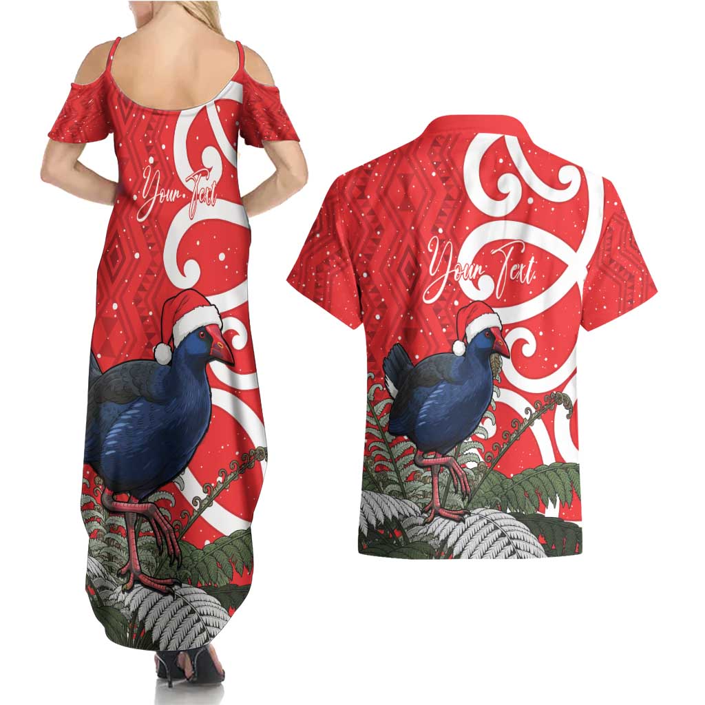 Personalized New Zealand Pukeko Christmas Couples Matching Summer Maxi Dress and Hawaiian Shirt Meri Kirihimete Taniko Ponga Koru Red - Aussie Hoodie