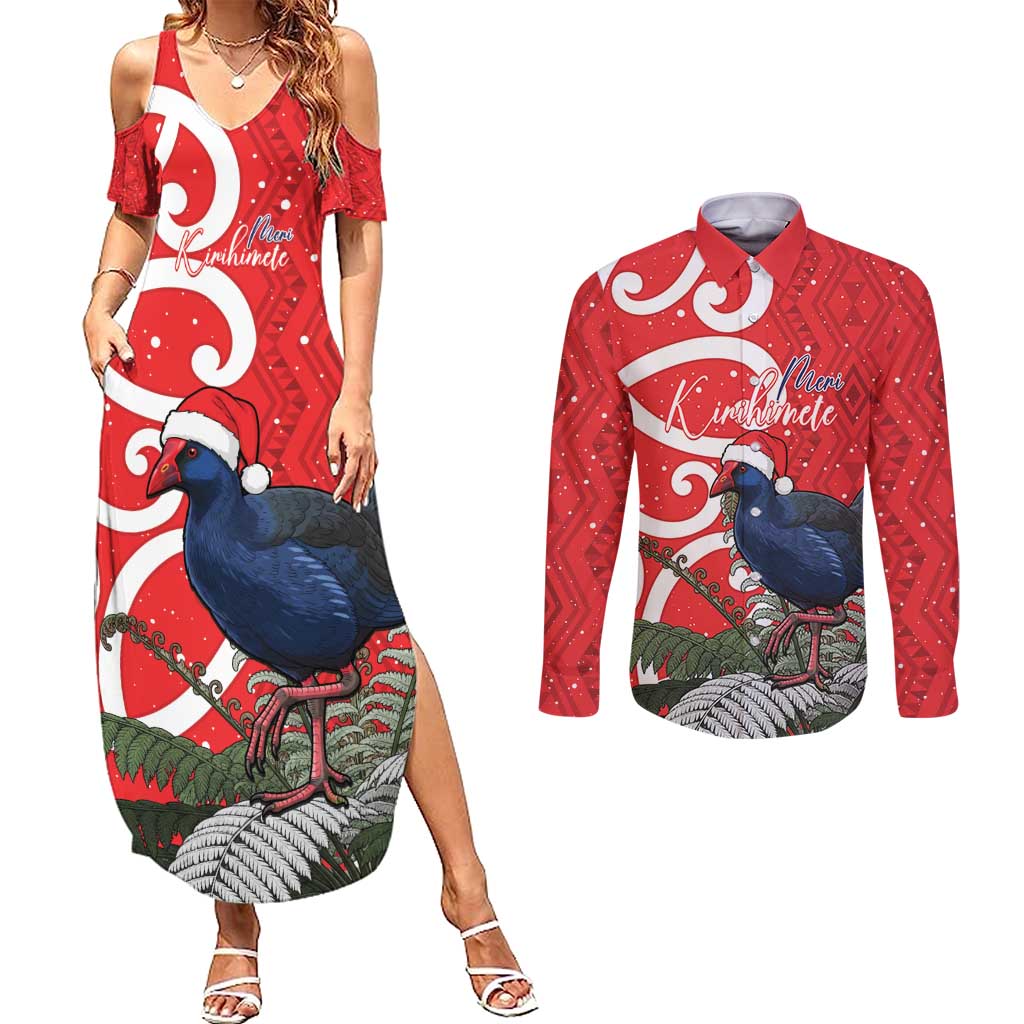 Personalized New Zealand Pukeko Christmas Couples Matching Summer Maxi Dress and Long Sleeve Button Shirt Meri Kirihimete Taniko Ponga Koru Red - Aussie Hoodie
