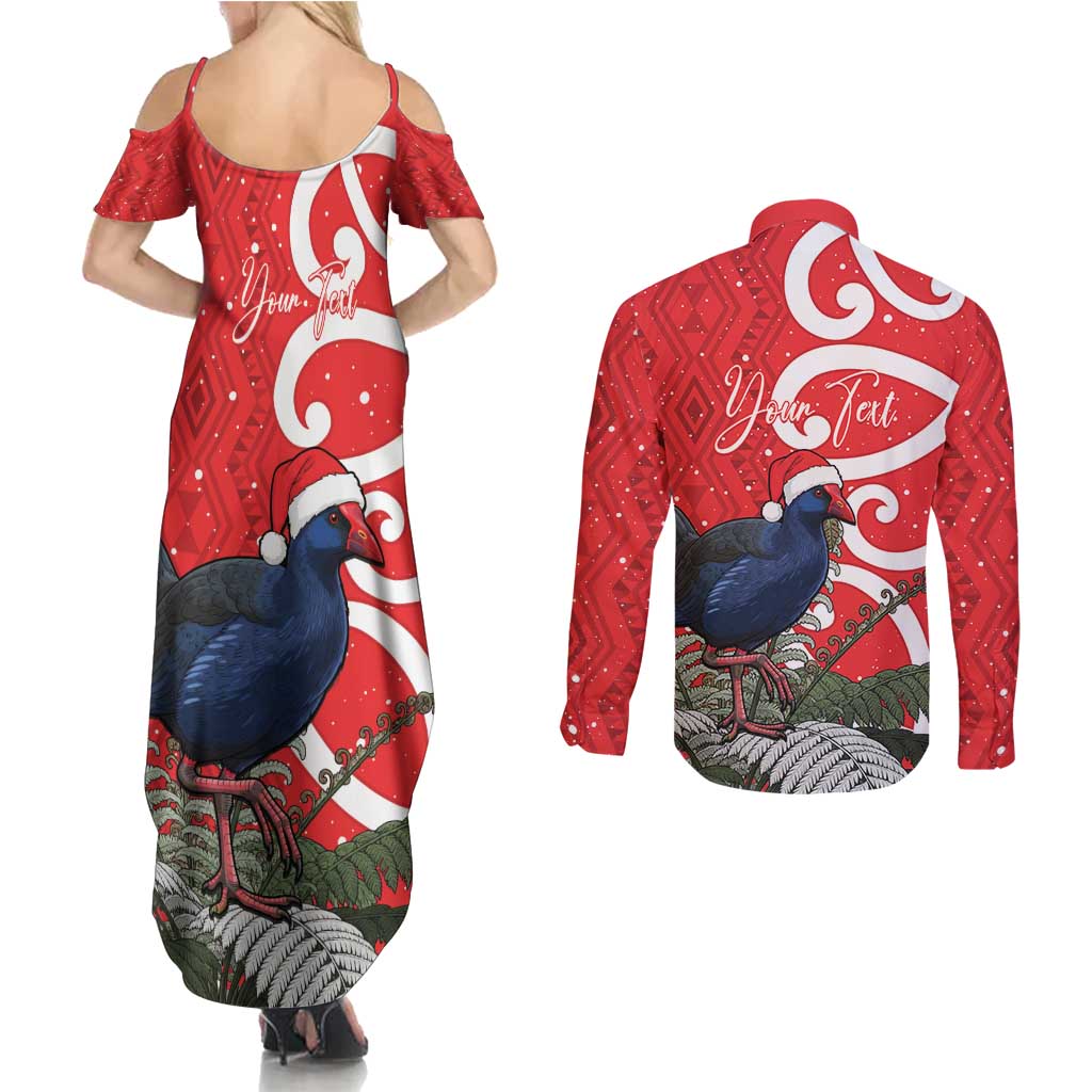 Personalized New Zealand Pukeko Christmas Couples Matching Summer Maxi Dress and Long Sleeve Button Shirt Meri Kirihimete Taniko Ponga Koru Red - Aussie Hoodie