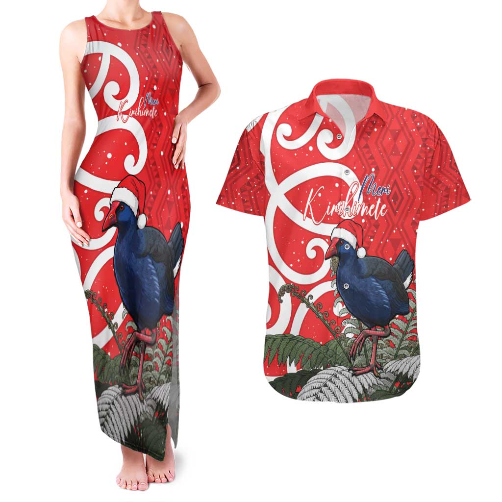 Personalized New Zealand Pukeko Christmas Couples Matching Tank Maxi Dress and Hawaiian Shirt Meri Kirihimete Taniko Ponga Koru Red - Aussie Hoodie