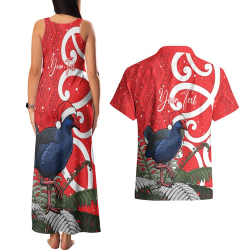 Personalized New Zealand Pukeko Christmas Couples Matching Tank Maxi Dress and Hawaiian Shirt Meri Kirihimete Taniko Ponga Koru Red - Aussie Hoodie