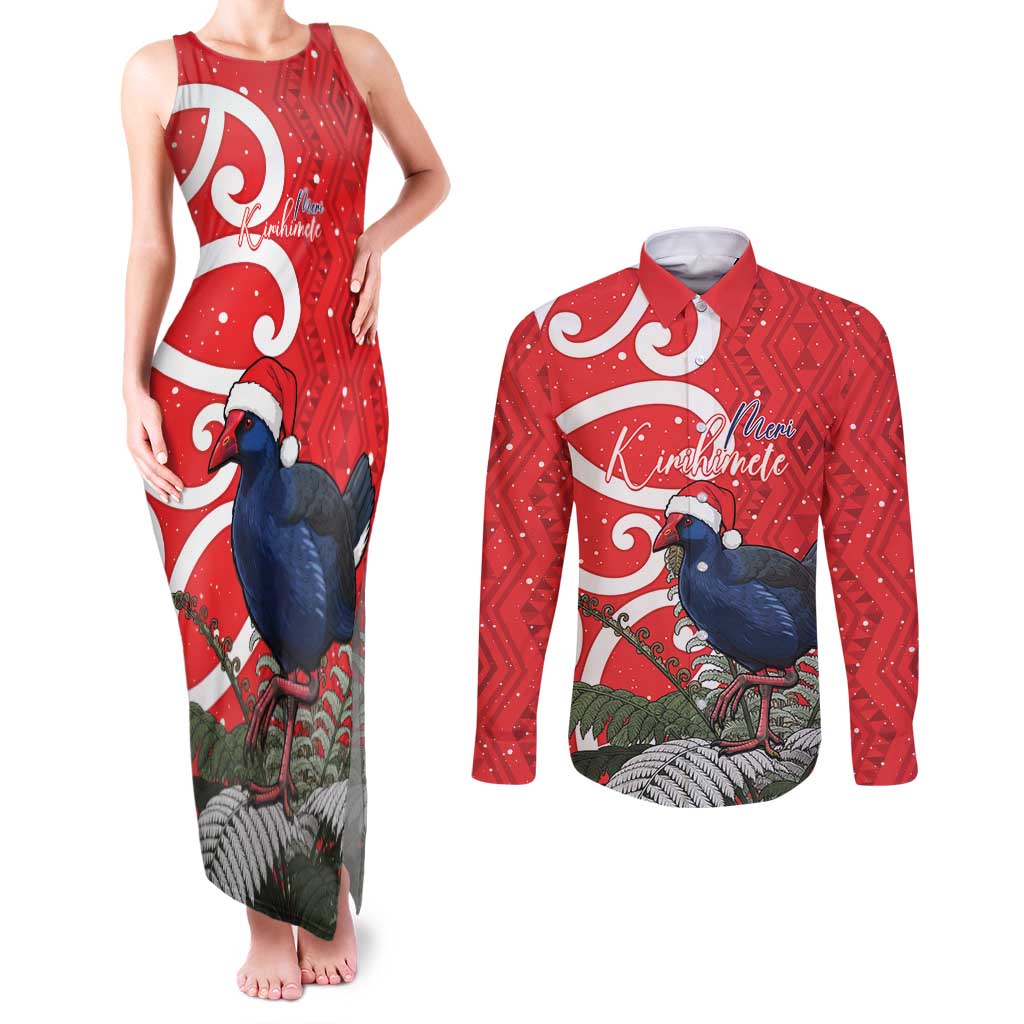 Personalized New Zealand Pukeko Christmas Couples Matching Tank Maxi Dress and Long Sleeve Button Shirt Meri Kirihimete Taniko Ponga Koru Red - Aussie Hoodie