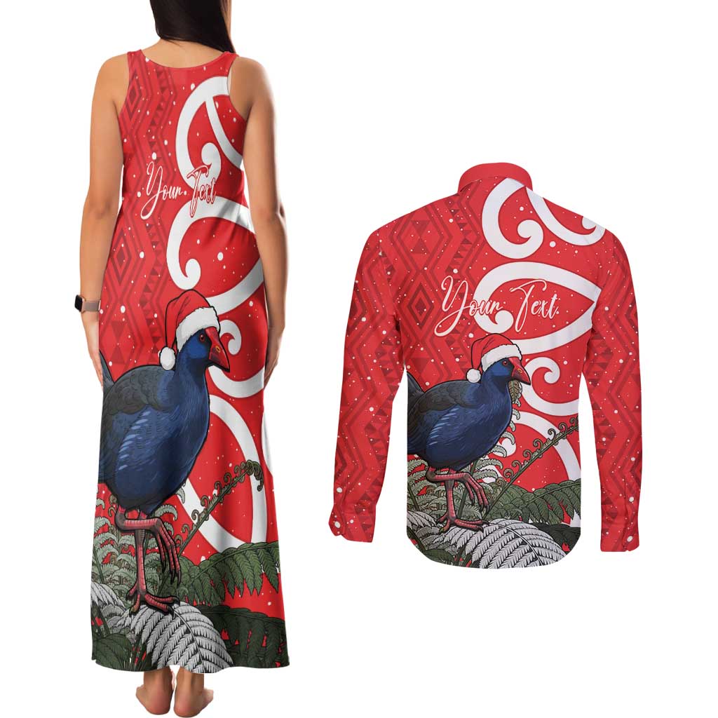 Personalized New Zealand Pukeko Christmas Couples Matching Tank Maxi Dress and Long Sleeve Button Shirt Meri Kirihimete Taniko Ponga Koru Red - Aussie Hoodie