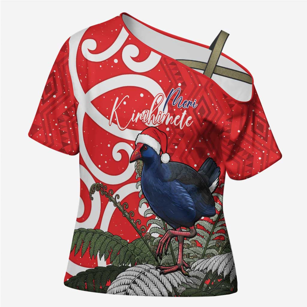 Personalized New Zealand Pukeko Christmas Cross Shoulder Shirt Meri Kirihimete Taniko Ponga Koru Red - Aussie Hoodie