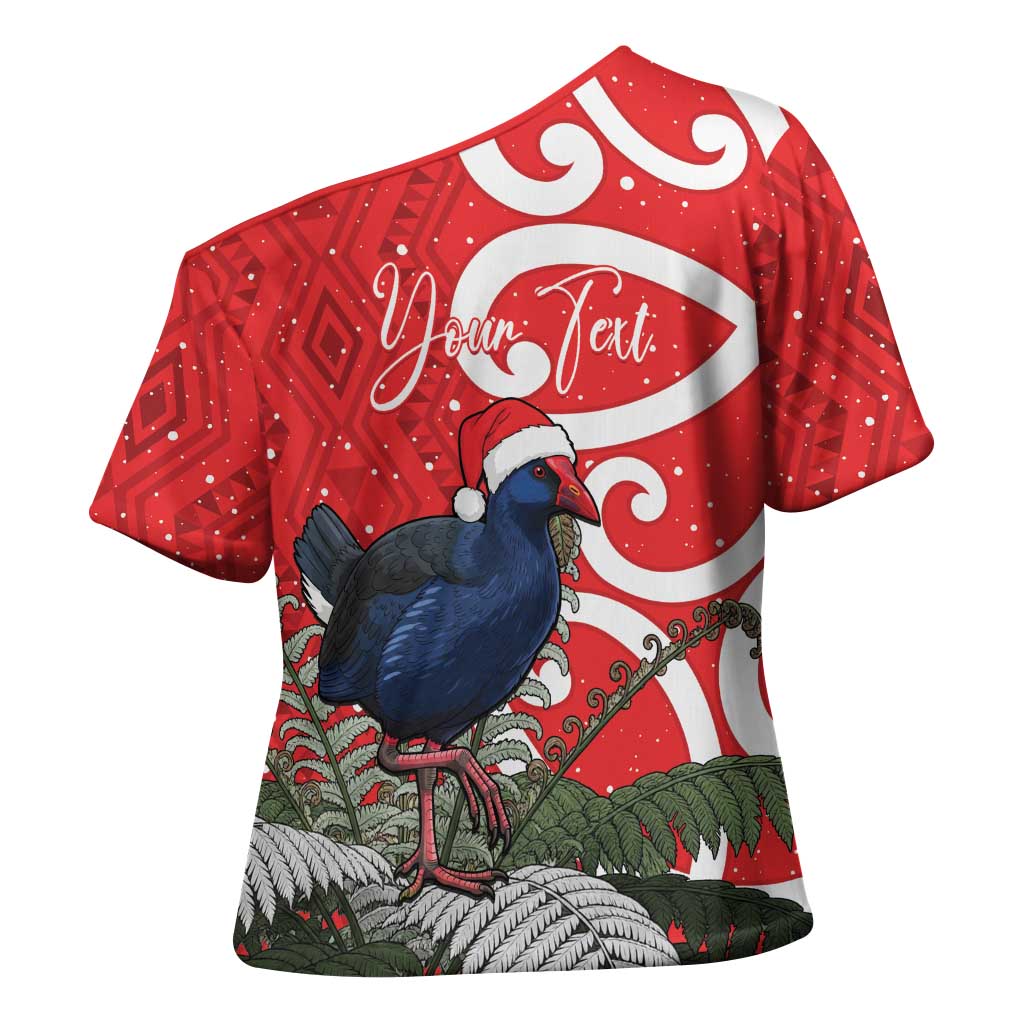 Personalized New Zealand Pukeko Christmas Cross Shoulder Shirt Meri Kirihimete Taniko Ponga Koru Red - Aussie Hoodie