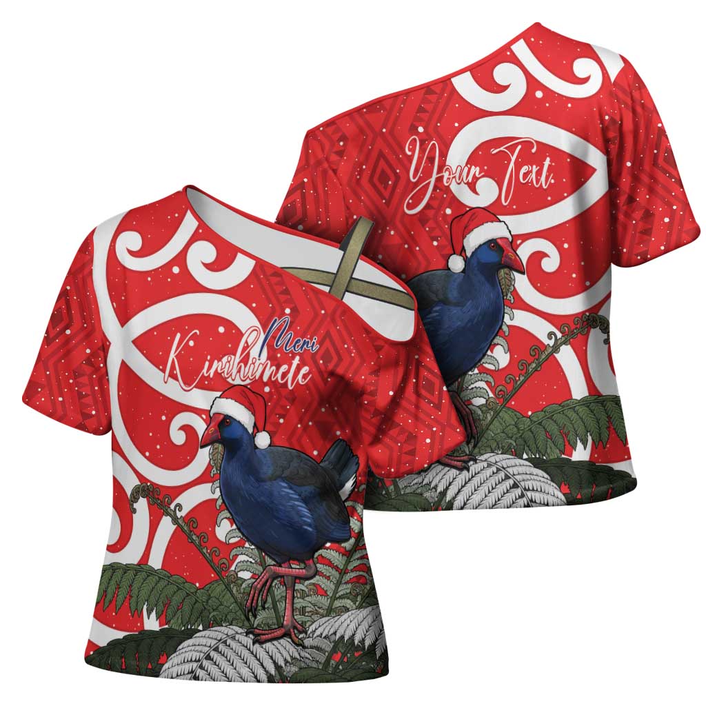 Personalized New Zealand Pukeko Christmas Cross Shoulder Shirt Meri Kirihimete Taniko Ponga Koru Red - Aussie Hoodie