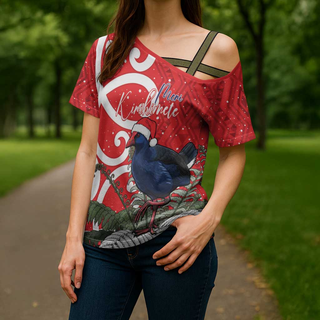 Personalized New Zealand Pukeko Christmas Cross Shoulder Shirt Meri Kirihimete Taniko Ponga Koru Red - Aussie Hoodie