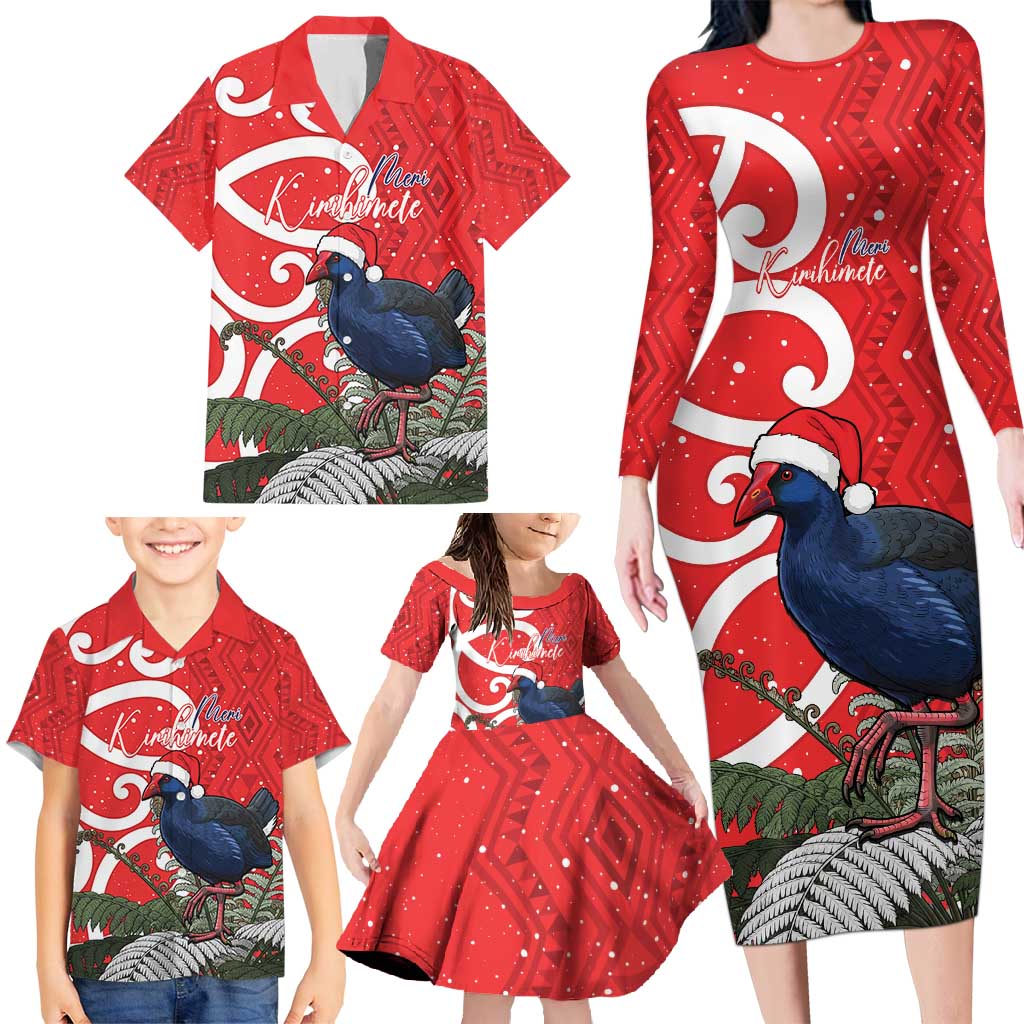 Personalized New Zealand Pukeko Christmas Family Matching Long Sleeve Bodycon Dress and Hawaiian Shirt Meri Kirihimete Taniko Ponga Koru Red - Aussie Hoodie