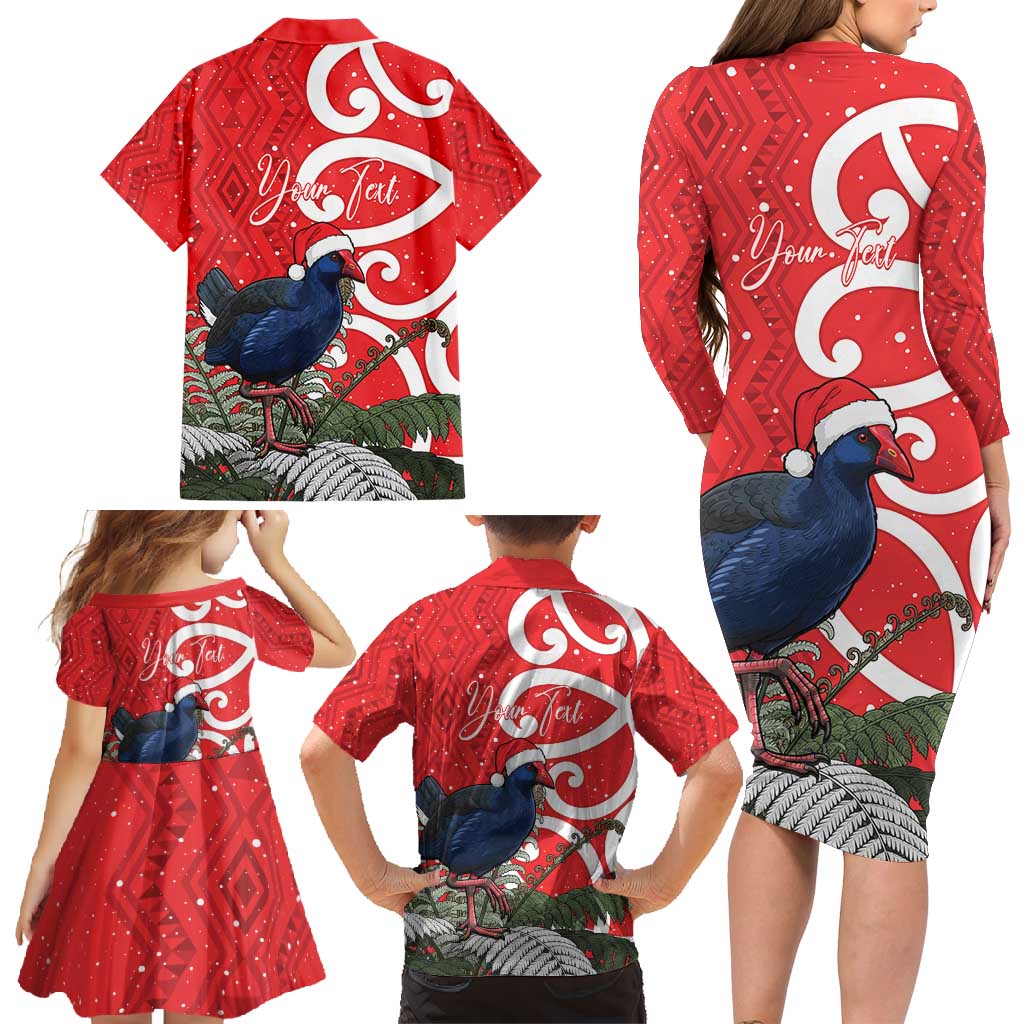 Personalized New Zealand Pukeko Christmas Family Matching Long Sleeve Bodycon Dress and Hawaiian Shirt Meri Kirihimete Taniko Ponga Koru Red - Aussie Hoodie