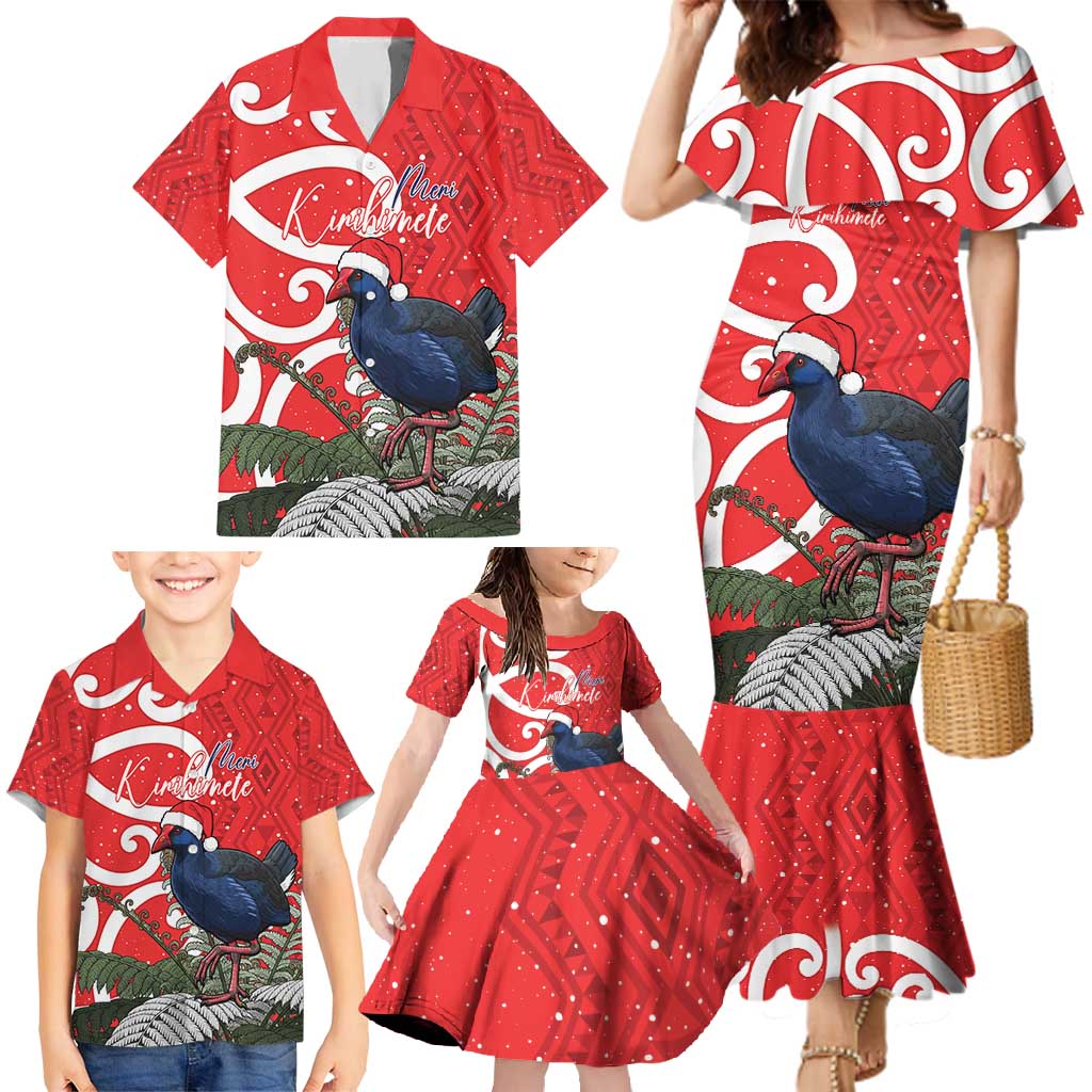 Personalized New Zealand Pukeko Christmas Family Matching Mermaid Dress and Hawaiian Shirt Meri Kirihimete Taniko Ponga Koru Red - Aussie Hoodie