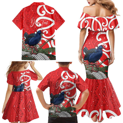 Personalized New Zealand Pukeko Christmas Family Matching Mermaid Dress and Hawaiian Shirt Meri Kirihimete Taniko Ponga Koru Red - Aussie Hoodie
