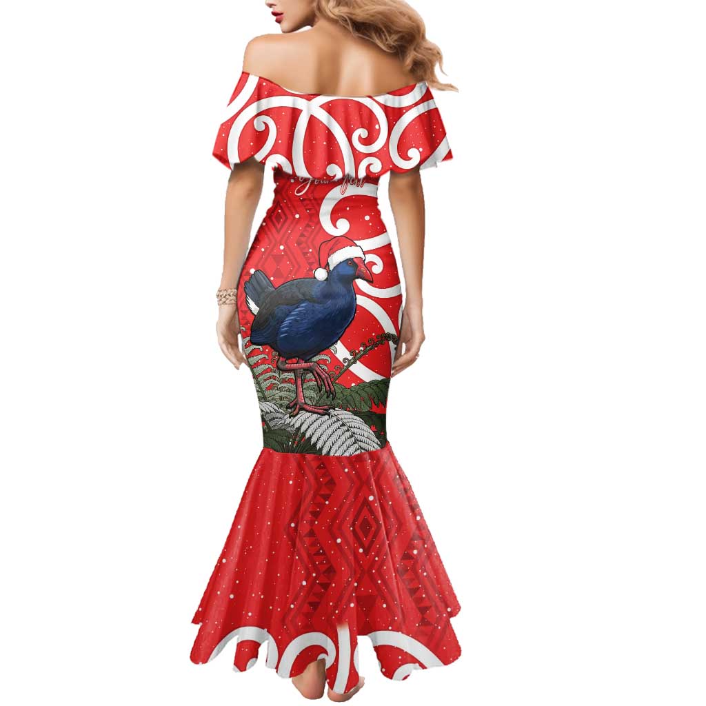 Personalized New Zealand Pukeko Christmas Family Matching Mermaid Dress and Hawaiian Shirt Meri Kirihimete Taniko Ponga Koru Red - Aussie Hoodie