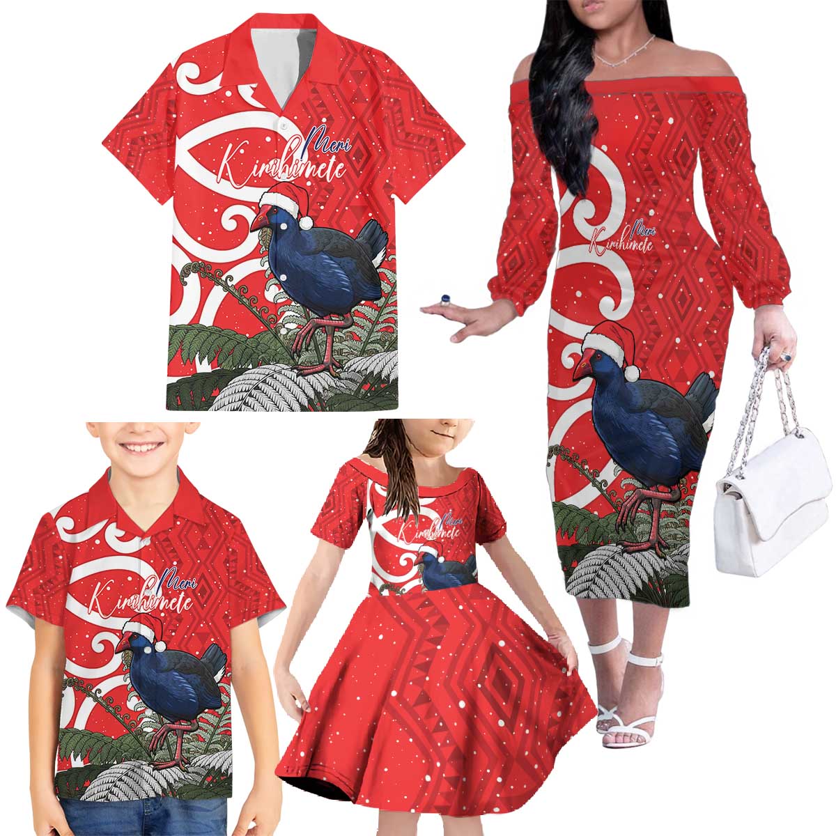 Personalized New Zealand Pukeko Christmas Family Matching Off The Shoulder Long Sleeve Dress and Hawaiian Shirt Meri Kirihimete Taniko Ponga Koru Red - Aussie Hoodie