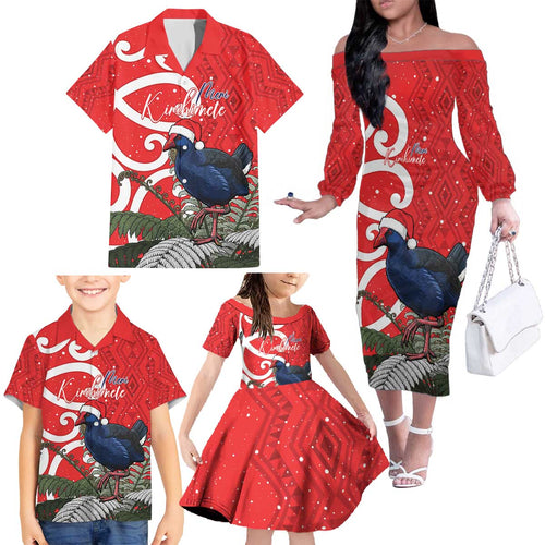 Personalized New Zealand Pukeko Christmas Family Matching Off The Shoulder Long Sleeve Dress and Hawaiian Shirt Meri Kirihimete Taniko Ponga Koru Red - Aussie Hoodie