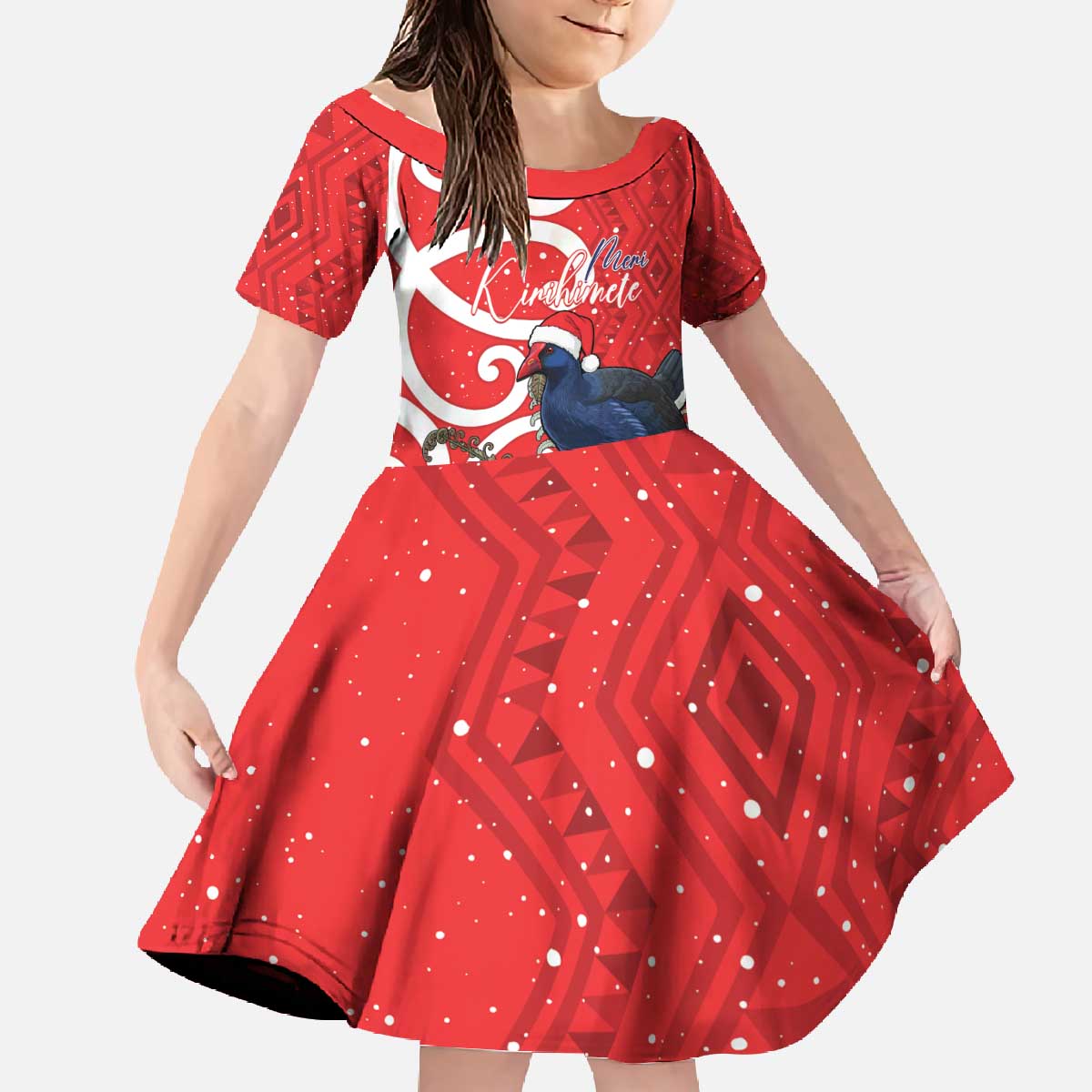 Personalized New Zealand Pukeko Christmas Family Matching Off The Shoulder Long Sleeve Dress and Hawaiian Shirt Meri Kirihimete Taniko Ponga Koru Red - Aussie Hoodie