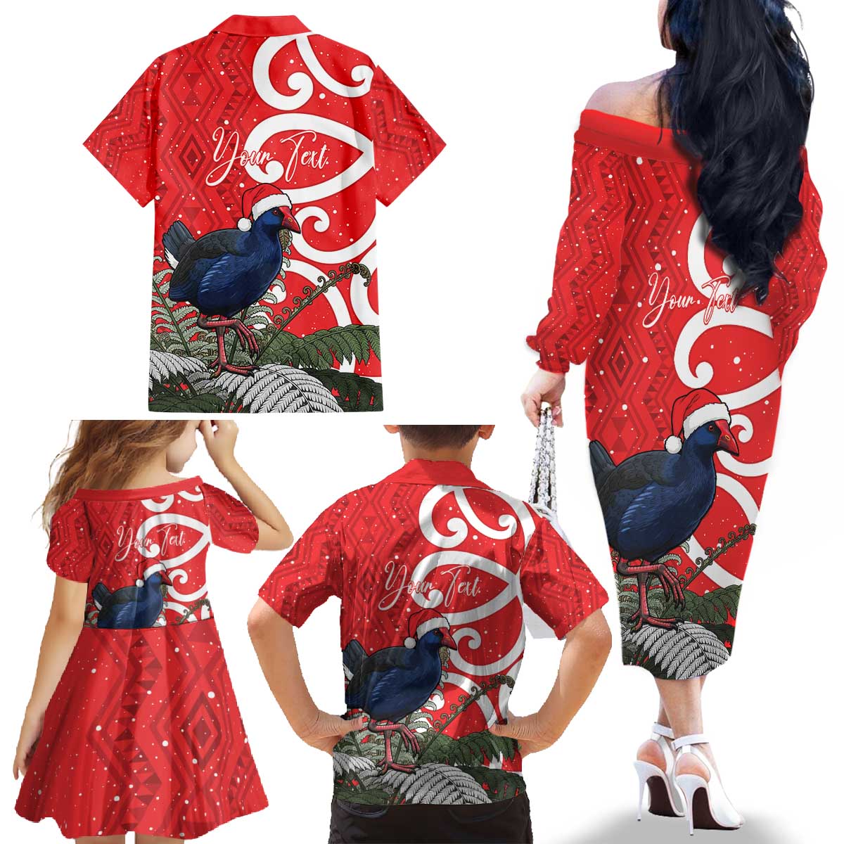 Personalized New Zealand Pukeko Christmas Family Matching Off The Shoulder Long Sleeve Dress and Hawaiian Shirt Meri Kirihimete Taniko Ponga Koru Red - Aussie Hoodie