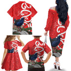 Personalized New Zealand Pukeko Christmas Family Matching Off The Shoulder Long Sleeve Dress and Hawaiian Shirt Meri Kirihimete Taniko Ponga Koru Red - Aussie Hoodie