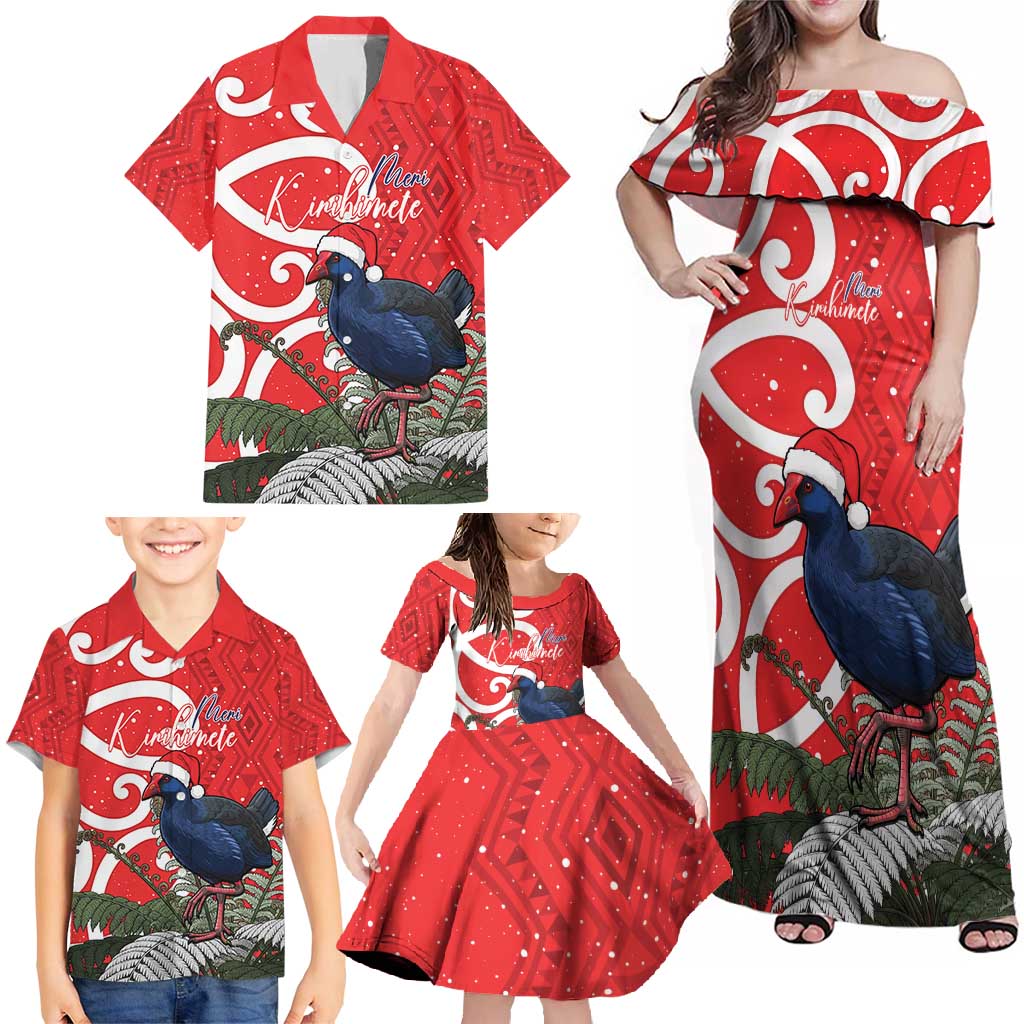 Personalized New Zealand Pukeko Christmas Family Matching Off Shoulder Maxi Dress and Hawaiian Shirt Meri Kirihimete Taniko Ponga Koru Red - Aussie Hoodie