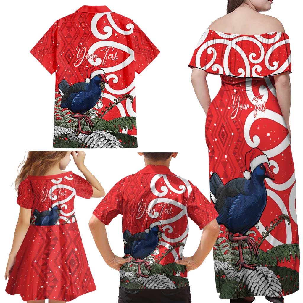 Personalized New Zealand Pukeko Christmas Family Matching Off Shoulder Maxi Dress and Hawaiian Shirt Meri Kirihimete Taniko Ponga Koru Red - Aussie Hoodie