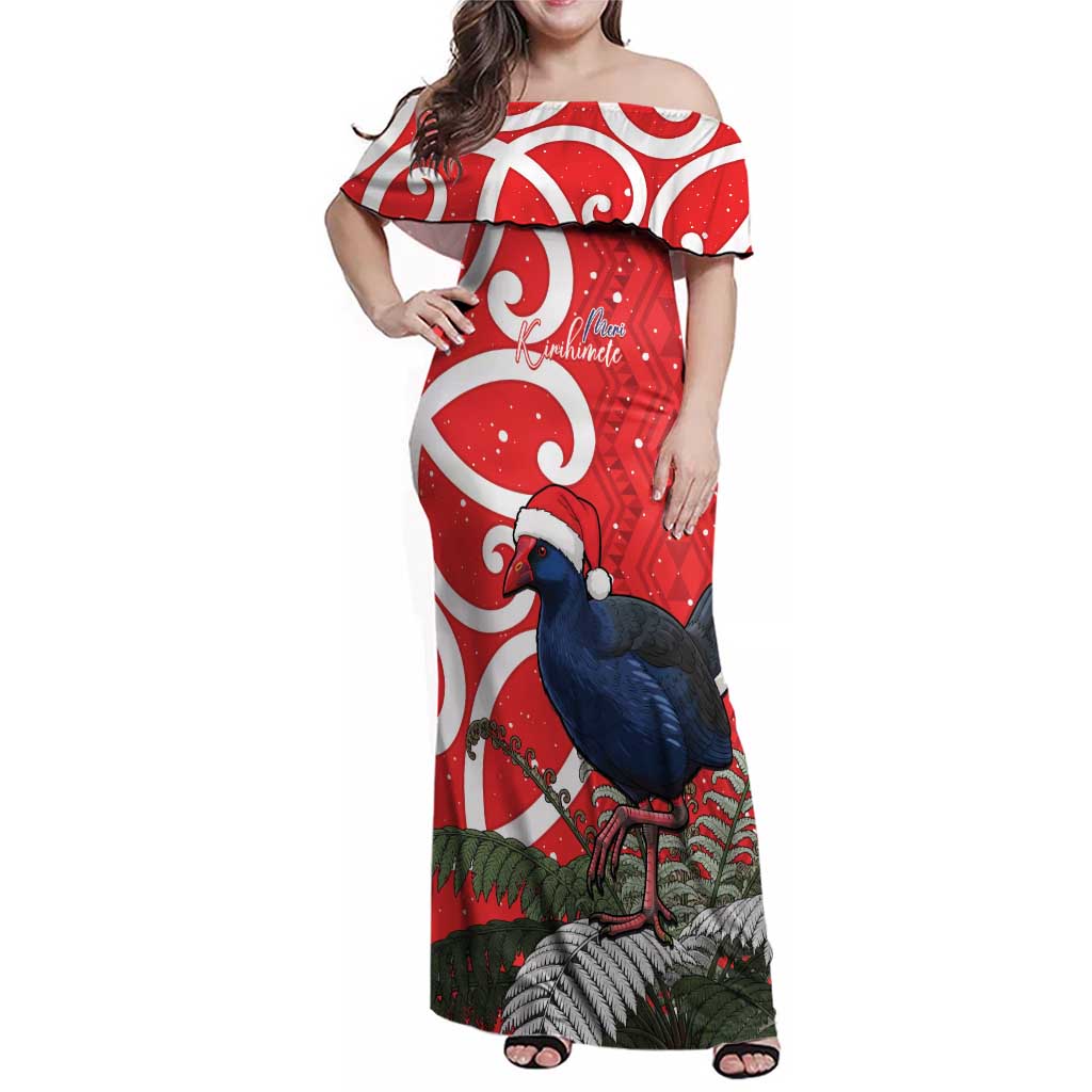 Personalized New Zealand Pukeko Christmas Family Matching Off Shoulder Maxi Dress and Hawaiian Shirt Meri Kirihimete Taniko Ponga Koru Red - Aussie Hoodie