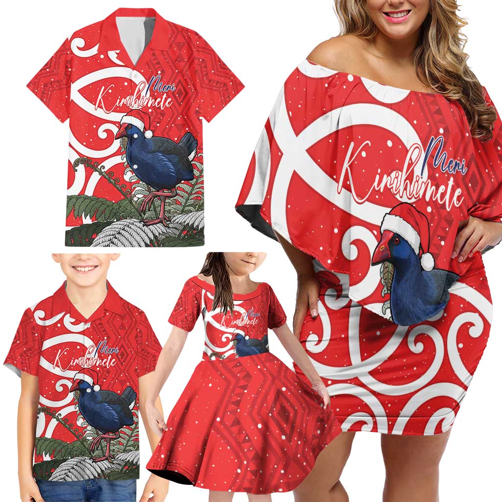 Personalized New Zealand Pukeko Christmas Family Matching Off Shoulder Short Dress and Hawaiian Shirt Meri Kirihimete Taniko Ponga Koru Red - Aussie Hoodie