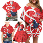 Personalized New Zealand Pukeko Christmas Family Matching Off Shoulder Short Dress and Hawaiian Shirt Meri Kirihimete Taniko Ponga Koru Red - Aussie Hoodie