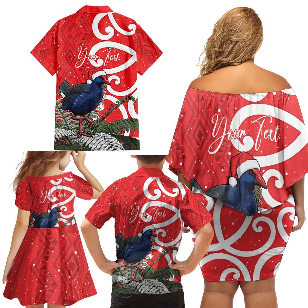 Personalized New Zealand Pukeko Christmas Family Matching Off Shoulder Short Dress and Hawaiian Shirt Meri Kirihimete Taniko Ponga Koru Red - Aussie Hoodie