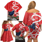 Personalized New Zealand Pukeko Christmas Family Matching Off Shoulder Short Dress and Hawaiian Shirt Meri Kirihimete Taniko Ponga Koru Red - Aussie Hoodie