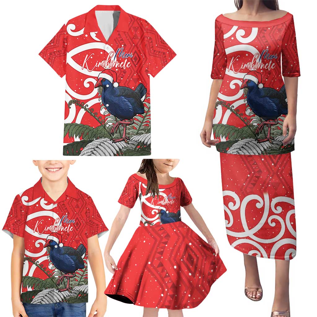 Personalized New Zealand Pukeko Christmas Family Matching Puletasi and Hawaiian Shirt Meri Kirihimete Taniko Ponga Koru Red - Aussie Hoodie