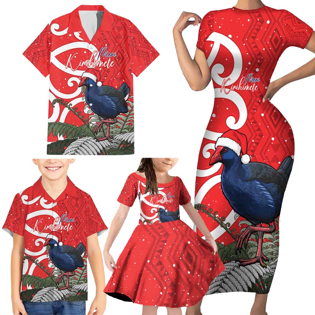 Personalized New Zealand Pukeko Christmas Family Matching Short Sleeve Bodycon Dress and Hawaiian Shirt Meri Kirihimete Taniko Ponga Koru Red - Aussie Hoodie