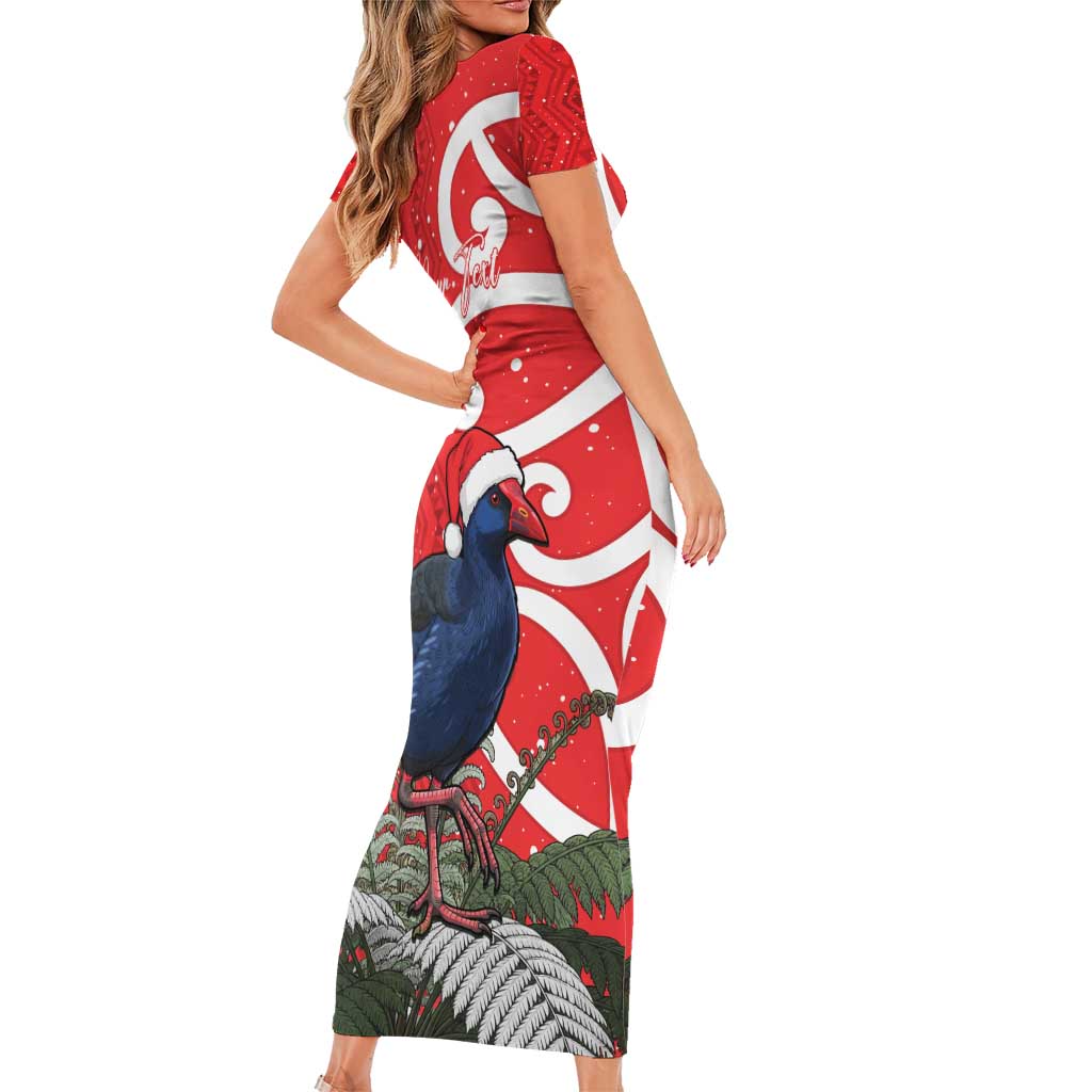 Personalized New Zealand Pukeko Christmas Family Matching Short Sleeve Bodycon Dress and Hawaiian Shirt Meri Kirihimete Taniko Ponga Koru Red - Aussie Hoodie