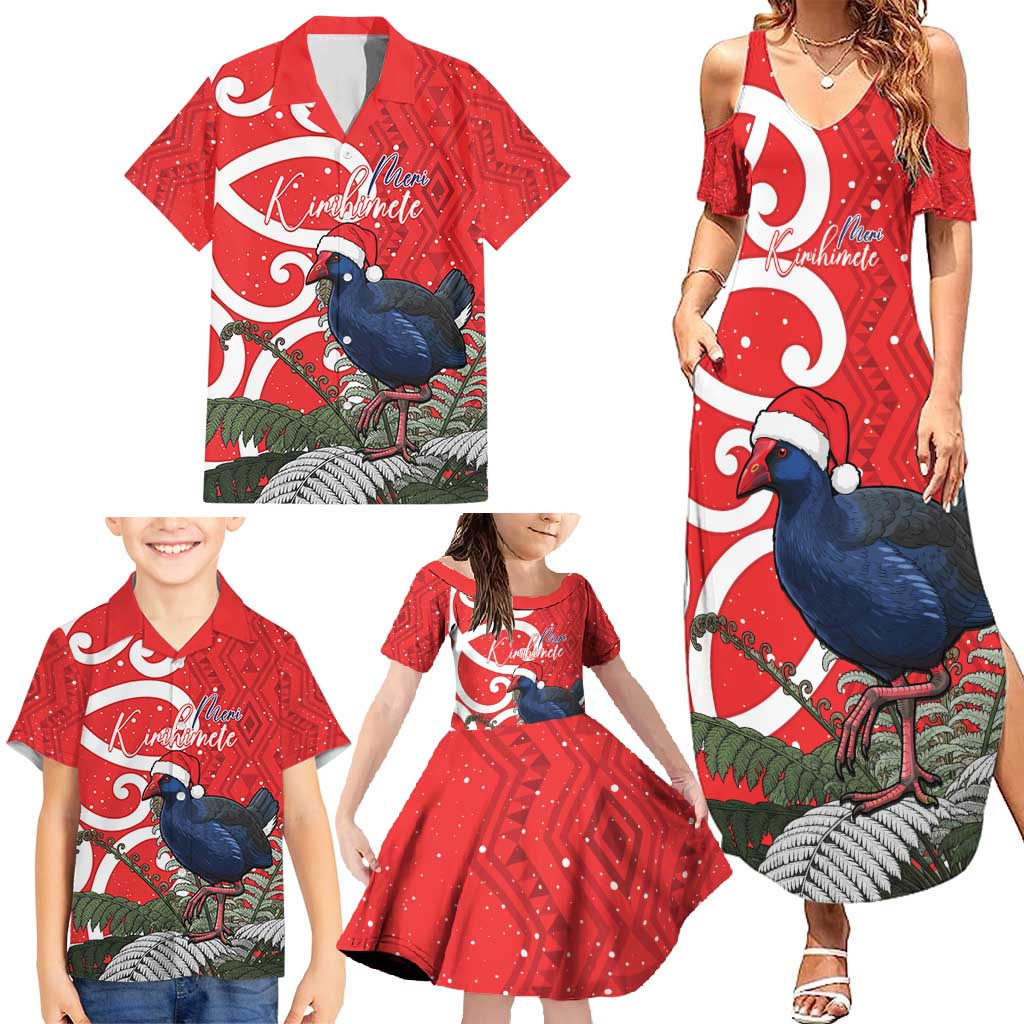 Personalized New Zealand Pukeko Christmas Family Matching Summer Maxi Dress and Hawaiian Shirt Meri Kirihimete Taniko Ponga Koru Red - Aussie Hoodie