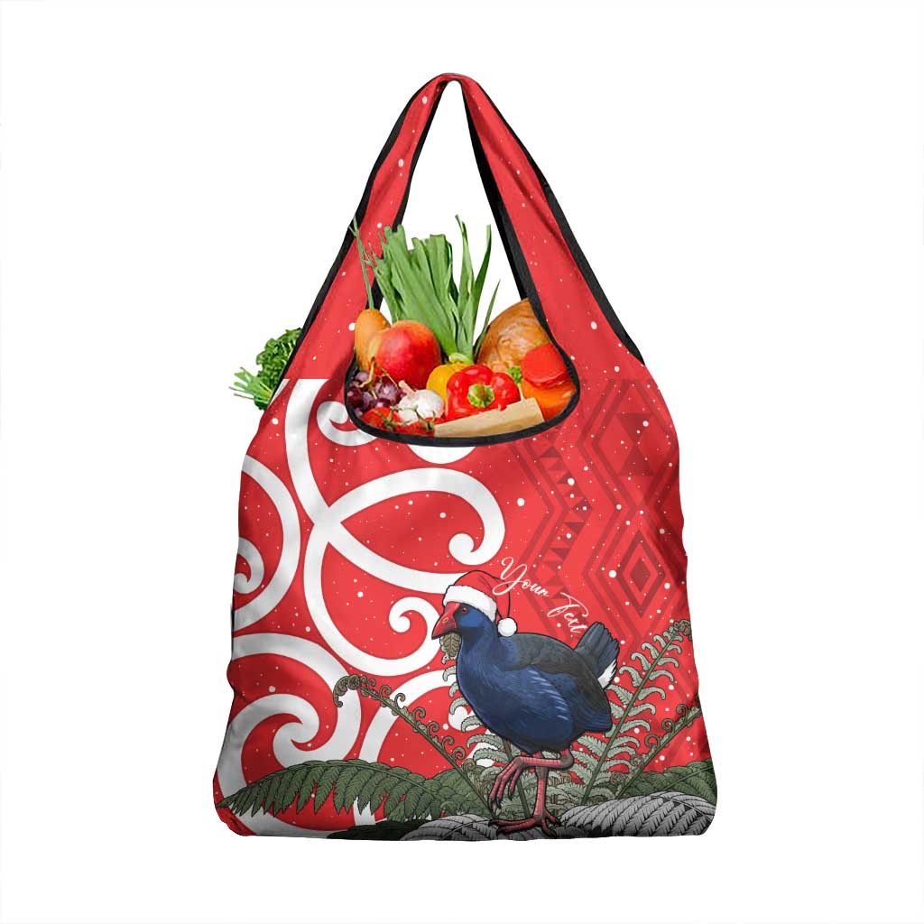 Personalized New Zealand Pukeko Christmas Grocery Bag Meri Kirihimete Taniko Ponga Koru Red - Aussie Hoodie