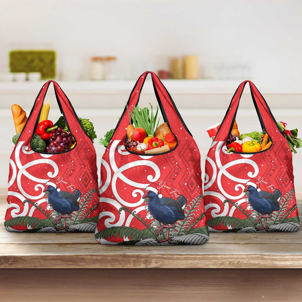 Personalized New Zealand Pukeko Christmas Grocery Bag Meri Kirihimete Taniko Ponga Koru Red - Aussie Hoodie