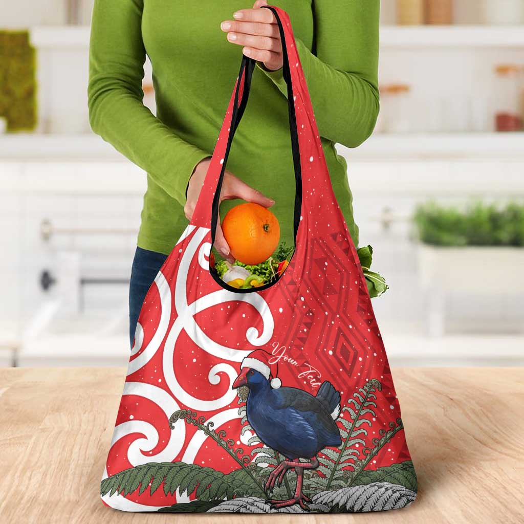 Personalized New Zealand Pukeko Christmas Grocery Bag Meri Kirihimete Taniko Ponga Koru Red - Aussie Hoodie