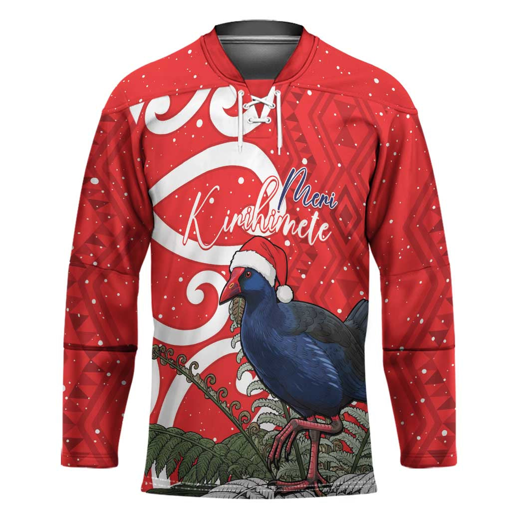 Personalized New Zealand Pukeko Christmas Hockey Jersey Meri Kirihimete Taniko Ponga Koru Red - Aussie Hoodie