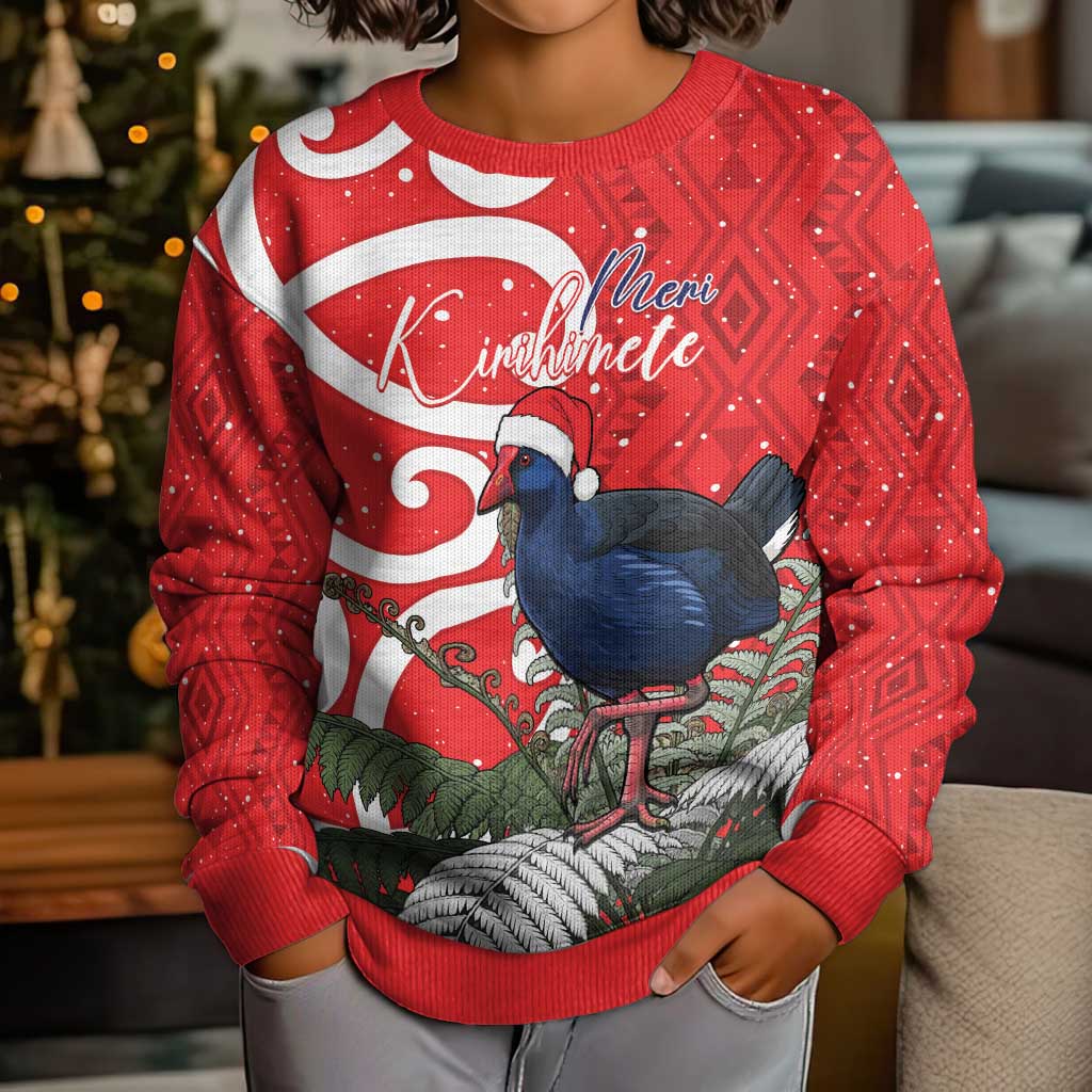 Personalized New Zealand Pukeko Christmas Kid Ugly Christmas Sweater Meri Kirihimete Taniko Ponga Koru Red - Aussie Hoodie