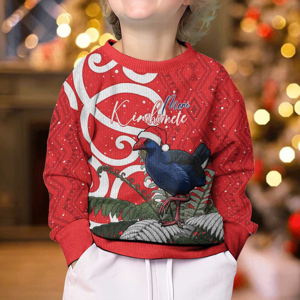 Personalized New Zealand Pukeko Christmas Kid Ugly Christmas Sweater Meri Kirihimete Taniko Ponga Koru Red - Aussie Hoodie
