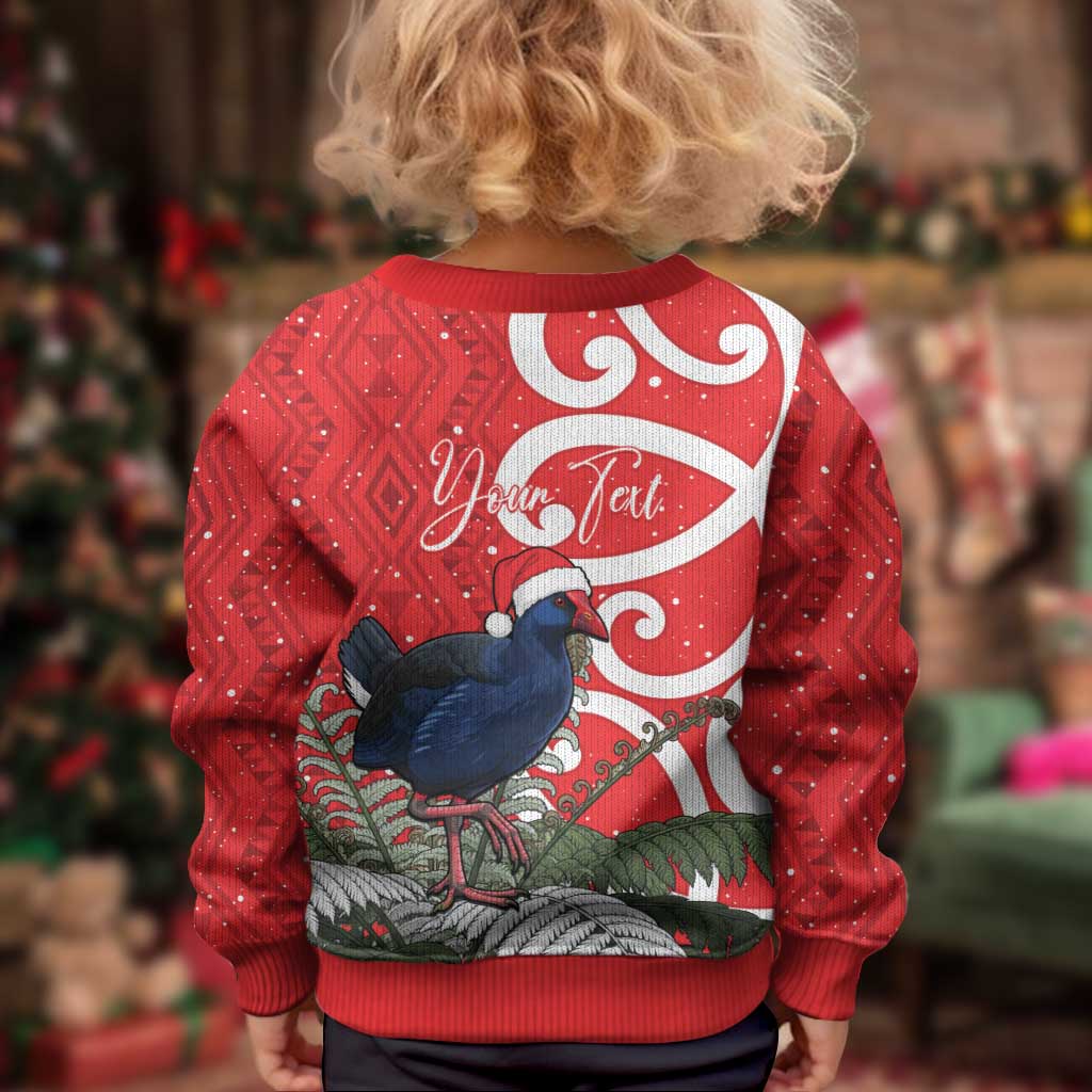 Personalized New Zealand Pukeko Christmas Kid Ugly Christmas Sweater Meri Kirihimete Taniko Ponga Koru Red - Aussie Hoodie