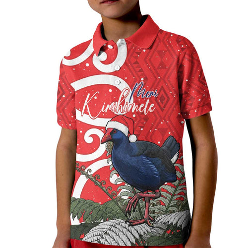 Personalized New Zealand Pukeko Christmas Kid Polo Shirt Meri Kirihimete Taniko Ponga Koru Red - Aussie Hoodie