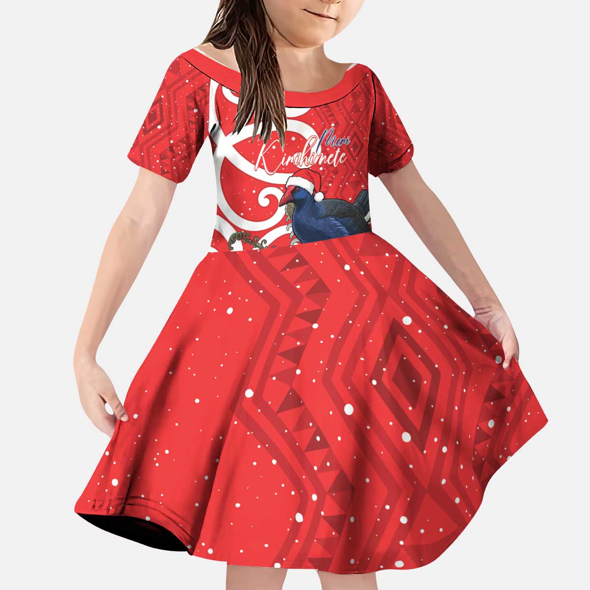 Personalized New Zealand Pukeko Christmas Kid Short Sleeve Dress Meri Kirihimete Taniko Ponga Koru Red - Aussie Hoodie