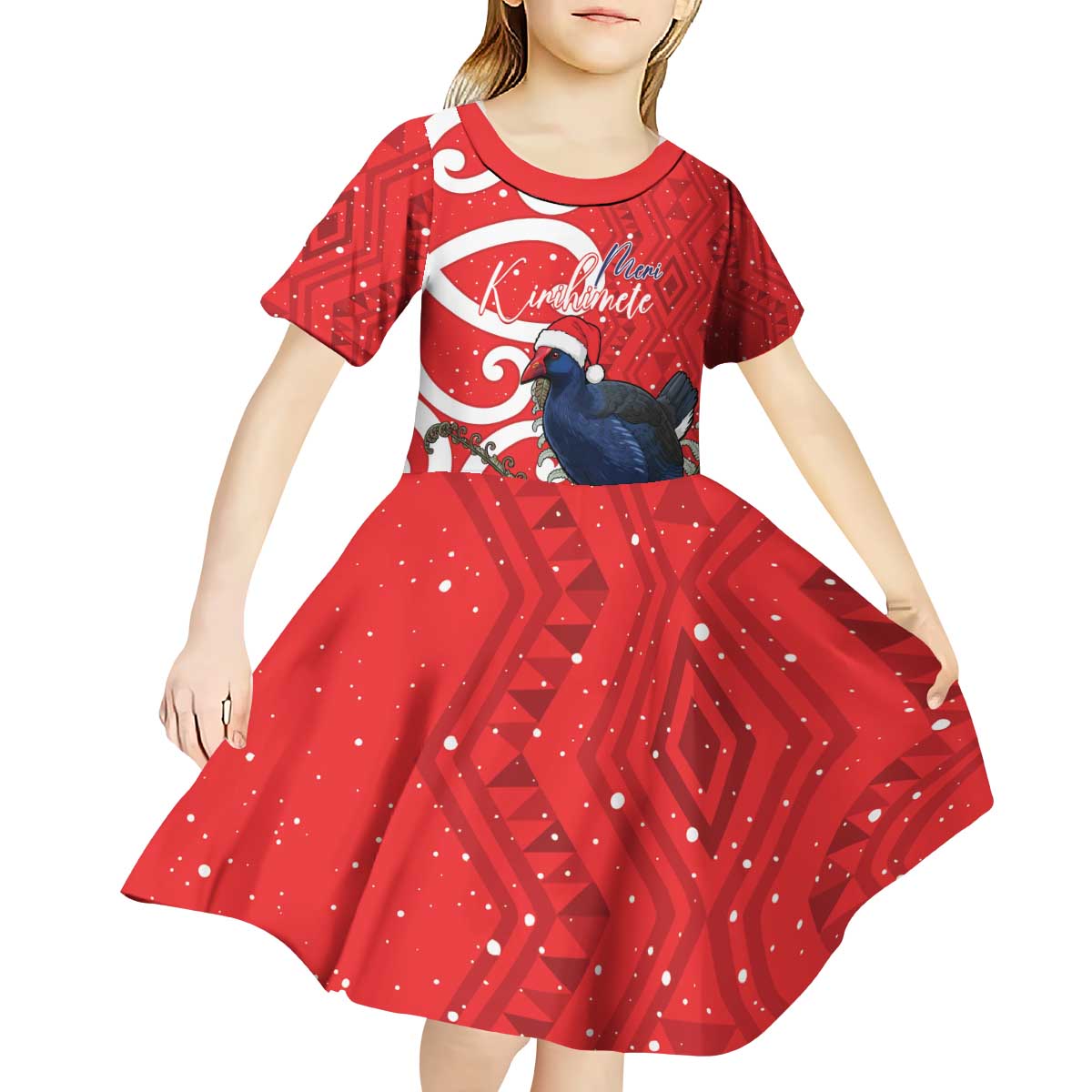 Personalized New Zealand Pukeko Christmas Kid Short Sleeve Dress Meri Kirihimete Taniko Ponga Koru Red - Aussie Hoodie