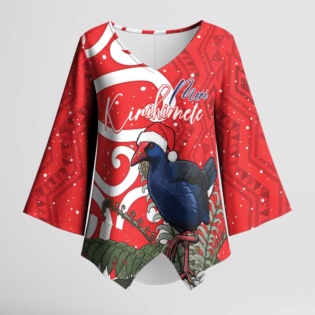 Personalized New Zealand Pukeko Christmas Kimono Sleeve Blouse Meri Kirihimete Taniko Ponga Koru Red - Aussie Hoodie