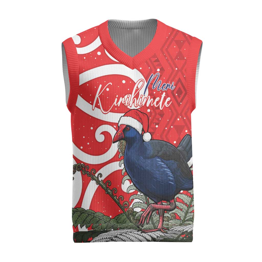 Personalized New Zealand Pukeko Christmas Knitted V-Neck Vest Meri Kirihimete Taniko Ponga Koru Red - Aussie Hoodie