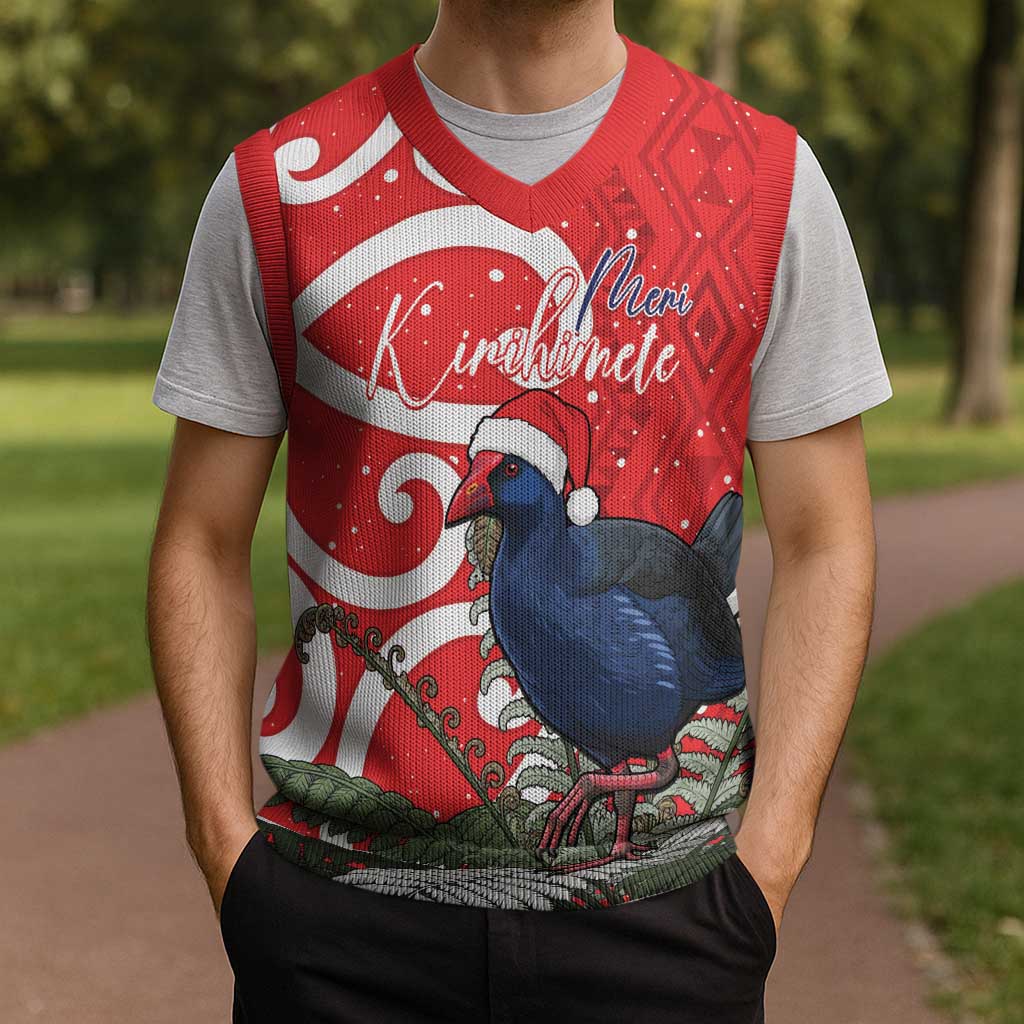 Personalized New Zealand Pukeko Christmas Knitted V-Neck Vest Meri Kirihimete Taniko Ponga Koru Red - Aussie Hoodie