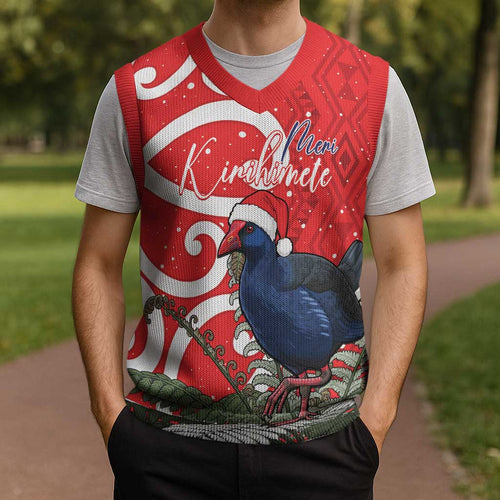 Personalized New Zealand Pukeko Christmas Knitted V-Neck Vest Meri Kirihimete Taniko Ponga Koru Red - Aussie Hoodie