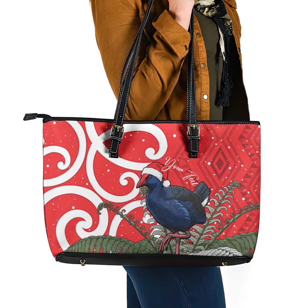 Personalized New Zealand Pukeko Christmas Leather Tote Bag Meri Kirihimete Taniko Ponga Koru Red - Aussie Hoodie