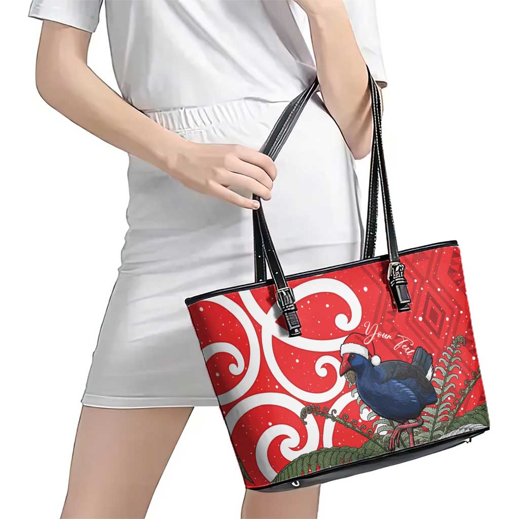 Personalized New Zealand Pukeko Christmas Leather Tote Bag Meri Kirihimete Taniko Ponga Koru Red - Aussie Hoodie